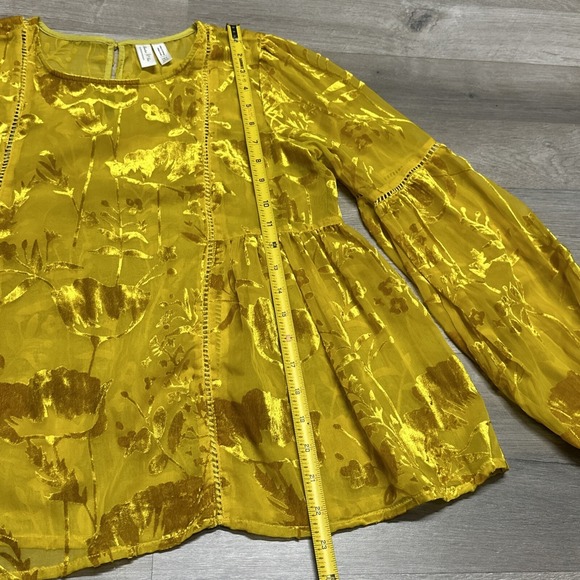 Meadow Rue Anthropologie Mustard Yellow Velvet Sheer Peasant Boho Blouse -Size 4 - Picture 4 of 7